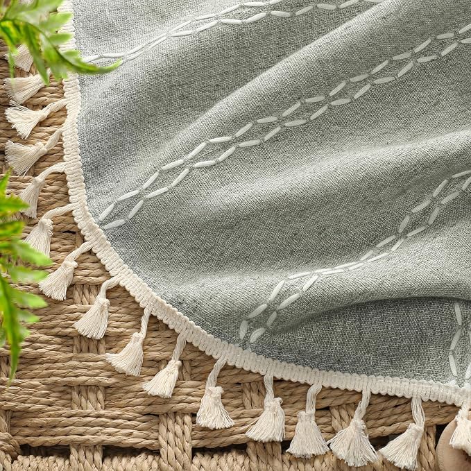 Boho Blackout Curtains 63 Inches Long Sage Green Linen Blend 2 Panels - Image 7