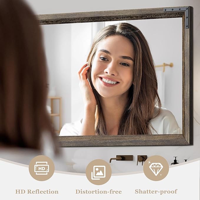 YOSHOOT Farmhouse Bathroom Mirror, Rustic Wooden Framed Mirror, Wood Vanity Mirror, Solid Wood & Handmade, Vertical or Horizontal Hanging for Bathroom Entryway Living Room Bedroom, 32" x 24", Brown