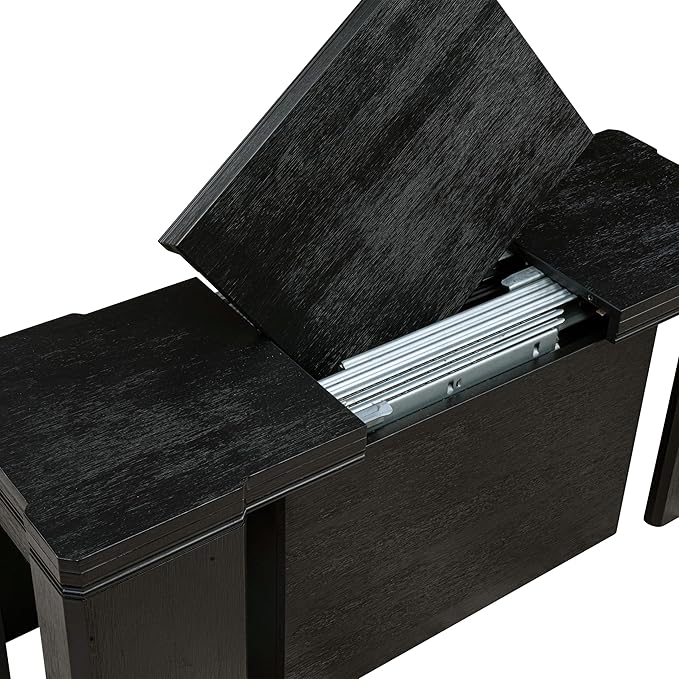 X02VE-206-50 - 5-pc Dining Room Table Set a Rectangular Dining Table and 2 wooden Benches and 2 Dark Gotham Grey Linen Fabric Chairs, 39x120 Inch, Wire Brushed Black