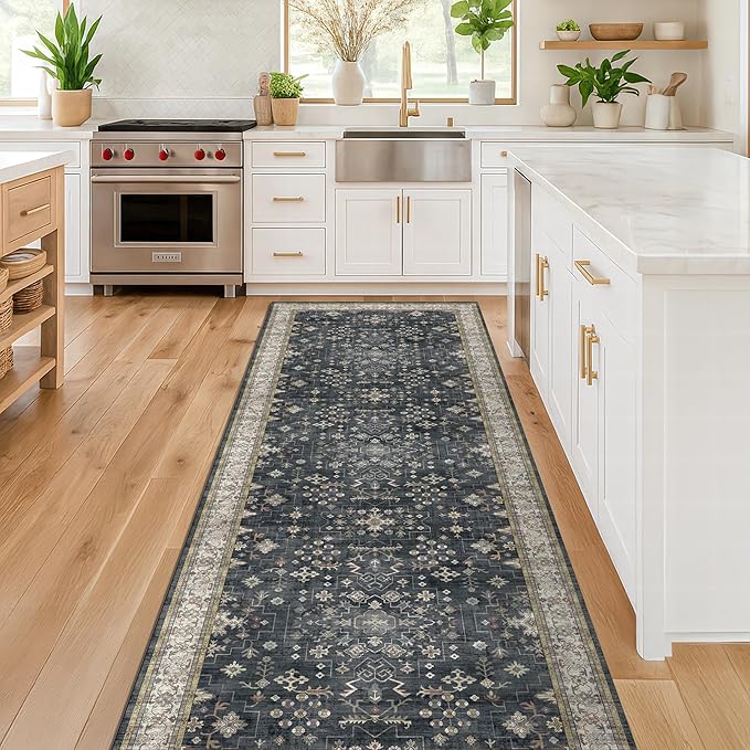 Black Boho Washable 2x6 Runner Rugs for Hallway Kitchen Bedroom Beside Laundry Room Bathroom Rug, Pet & Kids Friendly, Non Slip Low Pile Stain Resistant Soft Faux Wool Long 24 x 72 Floor Carpet