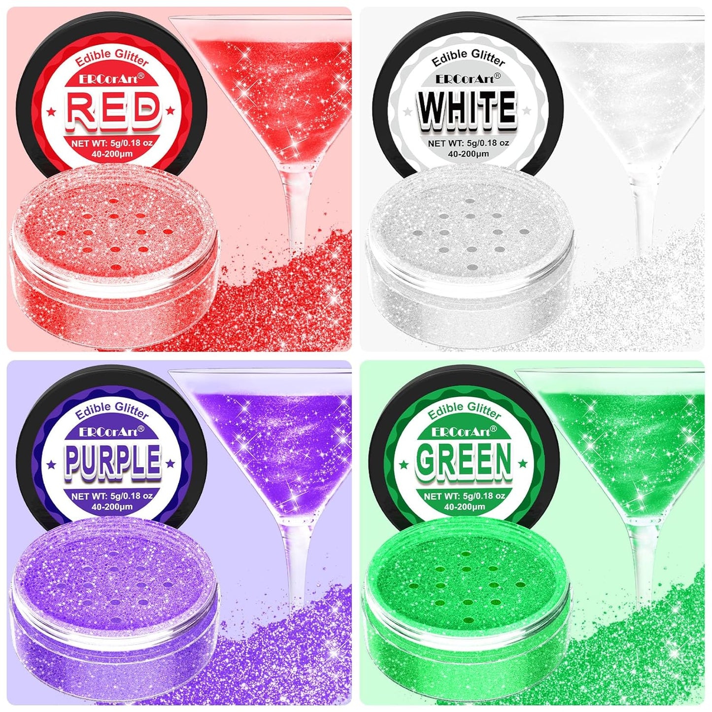 Edible Glitter - 4 Colors Luster Dust Edible Glitter for Cocktails, Food Grade Cake Decorating Shimmering Glitter for Drinks, Powder Glitter for Chocolate, Fondant, Drinks, Painting - 5g