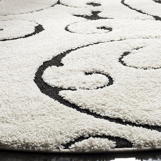 SAFAVIEH Florida Shag Collection 10' Round Ivory / Black SG455 Scrolling Vine Graceful Swirl Textured Non-Shedding Living Room Bedroom Dining Room Entryway Plush 1.2-inch Thick Area Rug