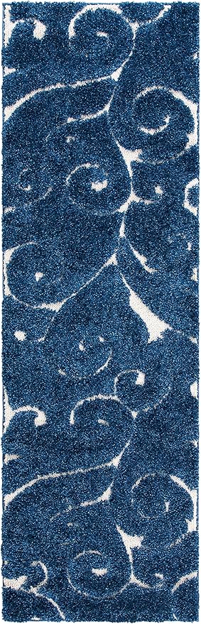 SAFAVIEH Florida Shag Collection Runner Rug - 2'3" x 13', Dark Blue & Cream, Scroll Design, Non-Shedding & Easy Care, 1.2-inch Thick Ideal for High Traffic Areas in Living Room, Bedroom (SG455-6511)