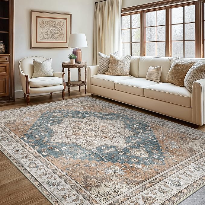 GENIMO 8x10 Area Rugs for Living Room, Machine Washable Non Slip Vintage Retro Rugs, Low Pile Lightweight Chenille Print Rug for Bedroom, Dining Room, Home Office, Blue Brown