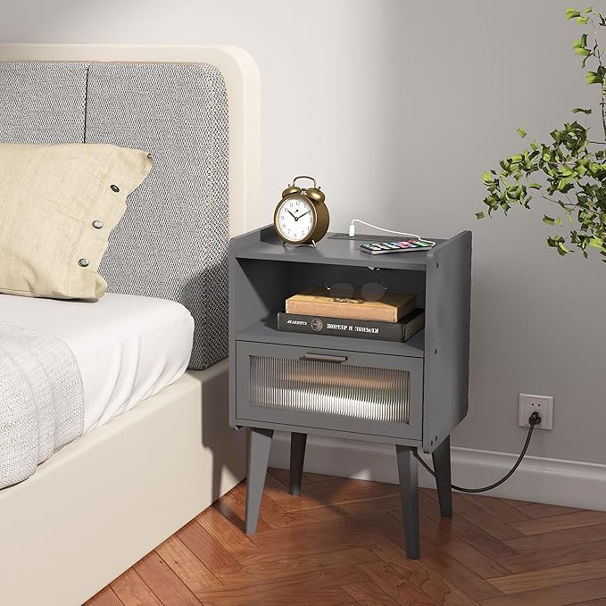 Nightstand with Charging Station, Bedside Tables Grey End Table Side Table with 2 Tiers Storage Space, for Bedroom Living Room CAMLBZ07ZE