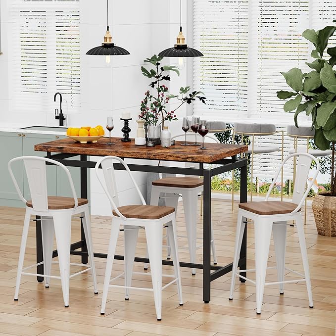 Changjie Furniture 30 Inches Metal Barstools Set of 4 Counter Height Bar Stools Industrial Stools with Backs High Back Chairs for Kitchen Island (30 Inch, White)