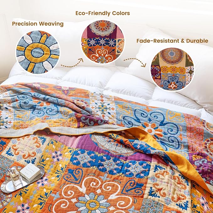 MSGKV Boho Throw Blanket for Bed 90"x108" 100% Cotton Blanket Spring Breathable - Image 3