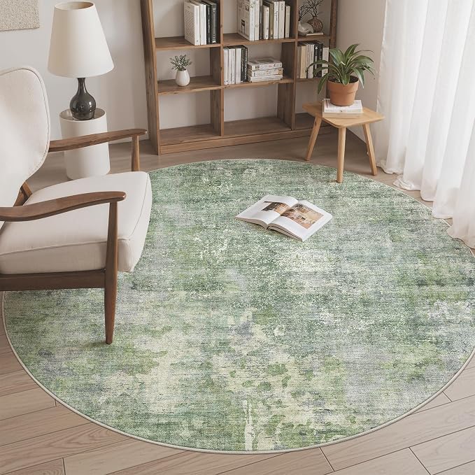 Soalmost 5x5 Green/Ivory Round Rug 5ft Living Room Circle Rug Vintage Round - Image 2