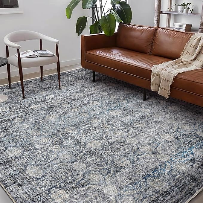 Area Rug 6'x9' Washable Vintage Traditional Floor Cover Thin Retro Kitchen Indoor Distressed Non Slip Carpet for Living Room Bedroom Dining Room