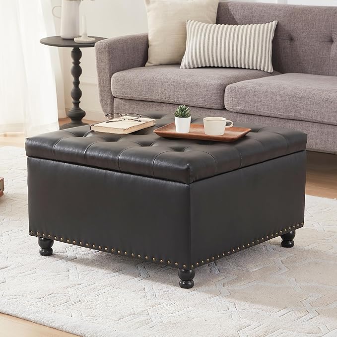 Tbfit Large Square Storage Ottoman Bench, Button Tufted Coffee Table, Oversized Storage Ottomans Toy Box Footrest for Living Room, Black
