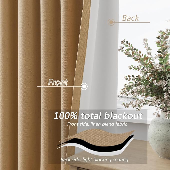 Guken Camel Brown 100% Blackout Linen Curtains 90 Inch Length 2 Panels Set - Image 4