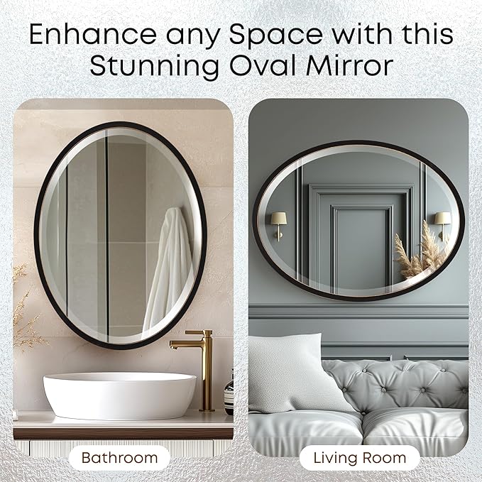 OVALCREST - Oval Wooden Beveled Wall Mirror for Home Decor, Bathroom, Vanity, Bedroom, Living Room, Hallway - London Style (Rubbed Black) 17.1 x 21.1