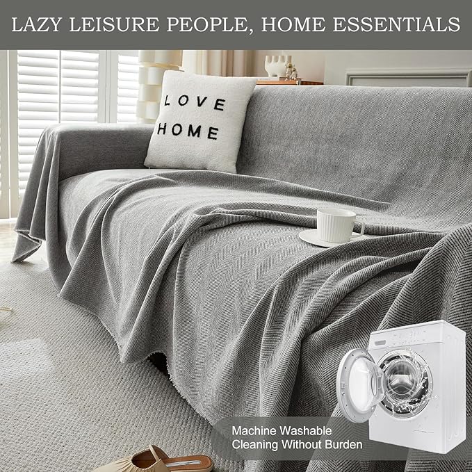 STACYPIK Soft Dark Gray Couch Cover for Pets, Herringbone Jacquard Sofa Covers for 3 Cushion Couch,Skin-Friendly Washable Sofa Covers for Loveseat, Non Slip Sectional Sofa Blanket Cover-91X134IN