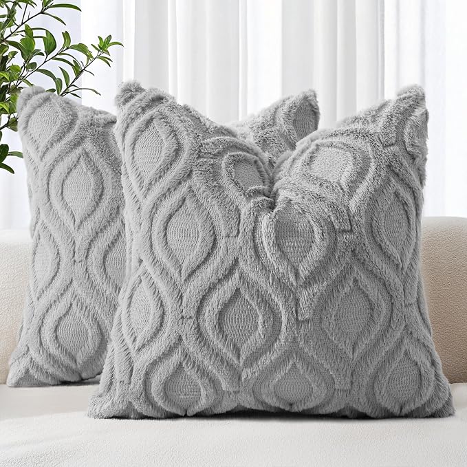 decorUhome Throw Pillow Covers 16x16 Inch Set of 2, Soft Plush Faux Wool Grey by decorUhome