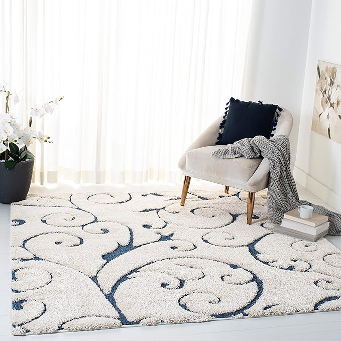 SAFAVIEH Florida Shag Collection Area Rug - 11' Square, Cream & Blue, Scroll Design, Non-Shedding & Easy Care, 1.2-inch Thick Ideal for High Traffic Areas in Living Room, Bedroom (SG455-1165)