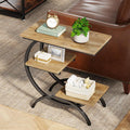 Tribesigns C-Shaped End Table, Industrial 3-Tier Small Side Table for Couch, Wood Bedside Table Snack Side Table with Storage Shelves for Living Room Small Space, Light Brown