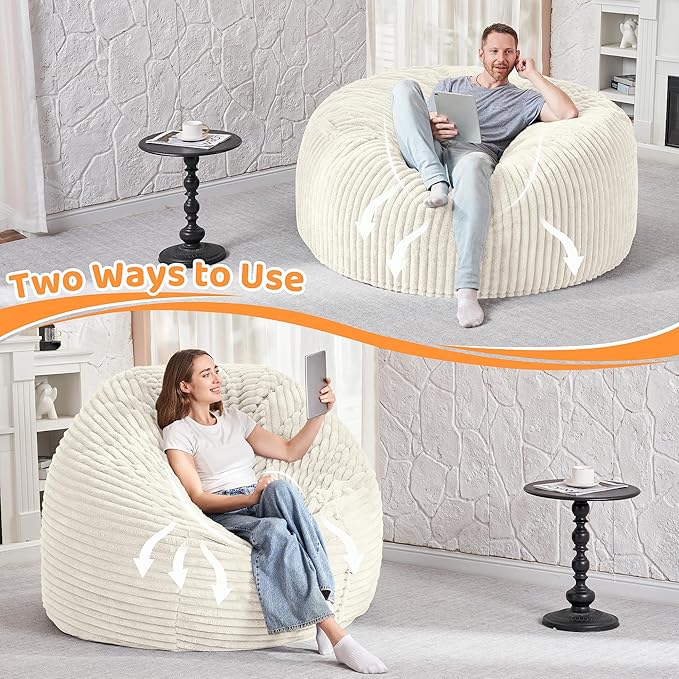 HABUTWAY 5FT Bean Bag Chair, 5' Large Bean Bag Chairs for Adults with Removable Stripe Plush Cover, Memory Foam Beanbag Chair for Living Room Bedroom Dorm (White)