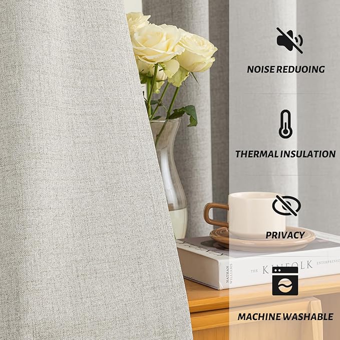 Yakamok Oatmeal Linen Curtains 100% Blackout 90 Inches Long, Room Darkening - Image 5