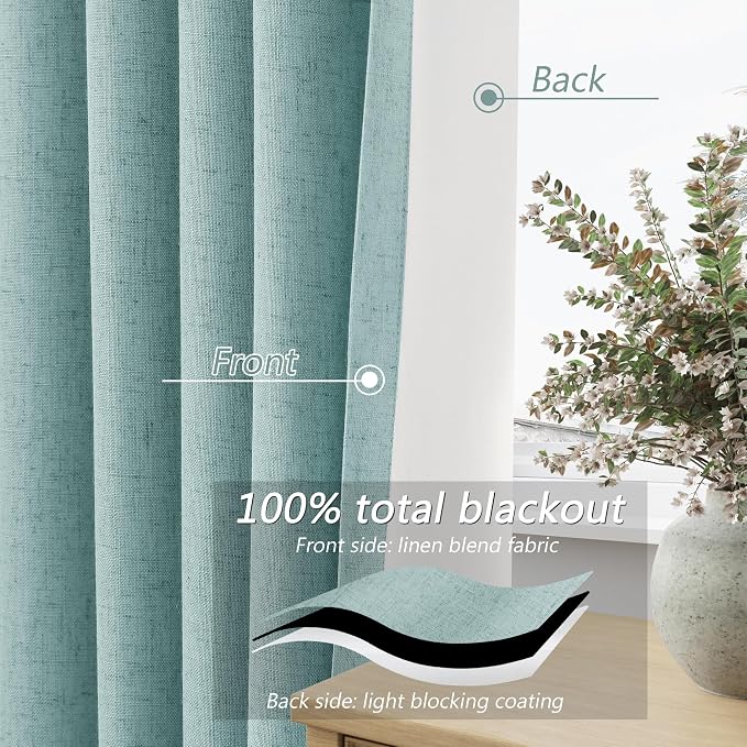 Guken Light Blue 100% Blackout Linen Curtains 100 Inch Length 2 Panels Set - Image 4