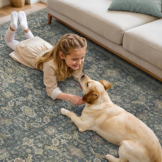 9X12 Area Rugs Machine Washable Rugs for Living Room, Vintage Boho Large Rugs for Bedroom Dining Room, Non Slip Indoor Soft Distressed Lightweight Thin Low Pile Carpet, Deep