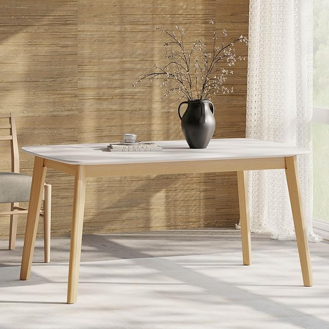 Merax 5-Piece Dining Set, Solild Wood Table & Chairs with Backrests for 4, Farmhouse Natural Kitchen Furniture for Home, Dining Room, Natural Oak+Beige