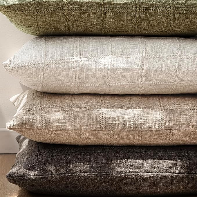 Foindtower Set of 2 Decorative Linen Check Throw Pillow Covers Neutral Farmhouse Vintage Cushion Covers Modern Coastal Boho Home Decor For Sofa Chair Couch Bedroom Living Room Outdoor,24×24 Inch,Camel