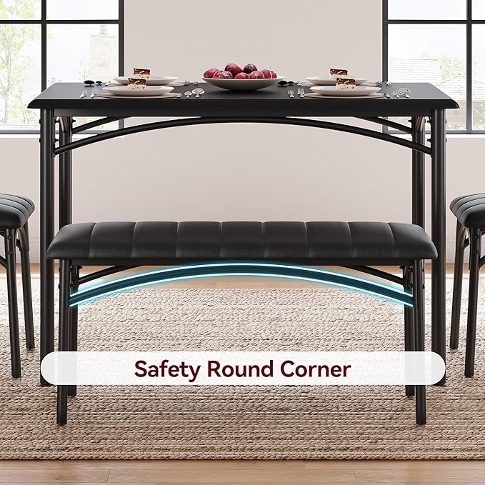 GarveeHome Dining Table Set for 4, Kitchen Table with Upholstered Chairs and Bench, Wood Rectangular Dining Table and Chairs Set for Small Space, Apartment, Dinner, Rustic Black