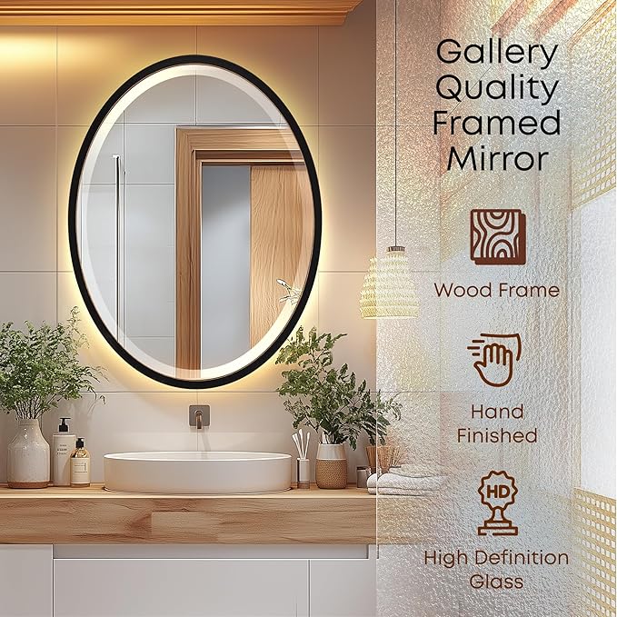 OVALCREST - Oval Wooden Beveled Wall Mirror for Home Decor, Bathroom, Vanity, Bedroom, Living Room, Hallway - London Style (Rubbed Black) 17.1 x 21.1