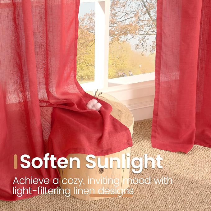 BGment Red Linen Curtains 63 Inches Long - Image 3