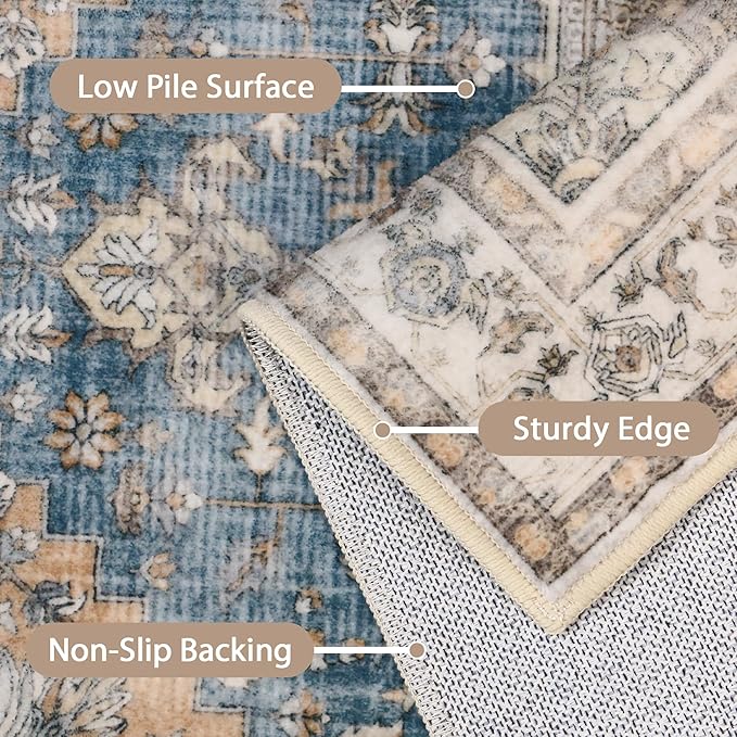 GENIMO 2x12 Runner Rugs for Hallway, Machine Washable Non Slip Vintage Rugs, Low Pile Lightweight Soft Print Rug for enrtyway, Corridor, Home Office, Kitchen, Blue Brown
