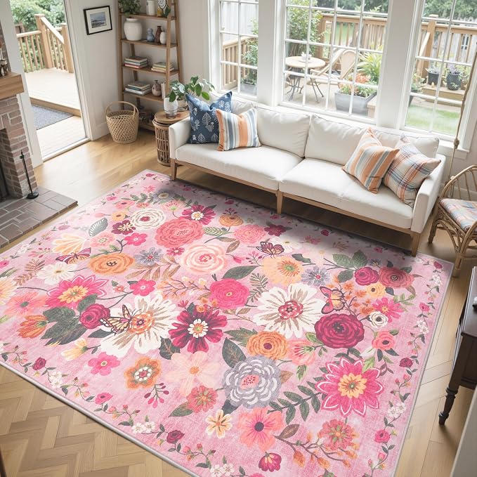 Pink Floral Girls Room Rug 5x7, Non-Slip Washable Rugs - Image 5