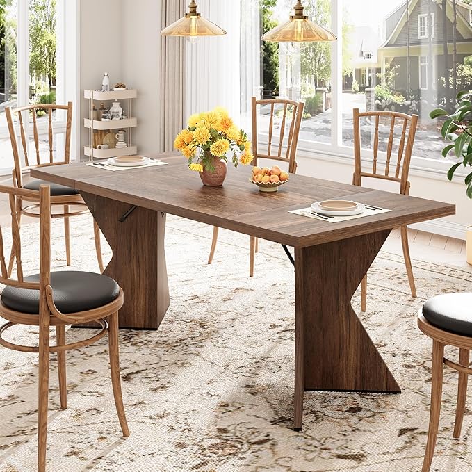 GarveeHome Dining Room Table 6, 71 Inch Rectangular Kitchen Table Dining Room Furniture with Sturdy Frame, Thickened Long Tabledesk and Dinner Desk for Party, Big Family, v-Cut Leg(Retro)