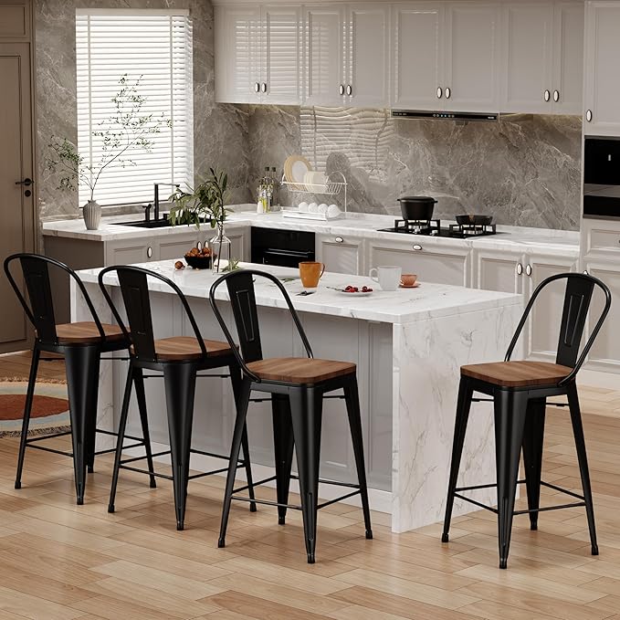 Changjie Furniture 26 Inch Metal Barstools Set of 4 Counter Height Bar Stools Industrial Stools with Backs High Back Chairs for Kitchen Island (26 Inch, Black)