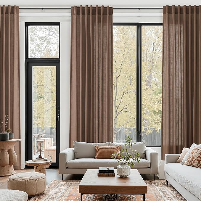 Caramel Brown Linen Curtains for Living Room Extra Long 132 Inches Long Back by Nanspring