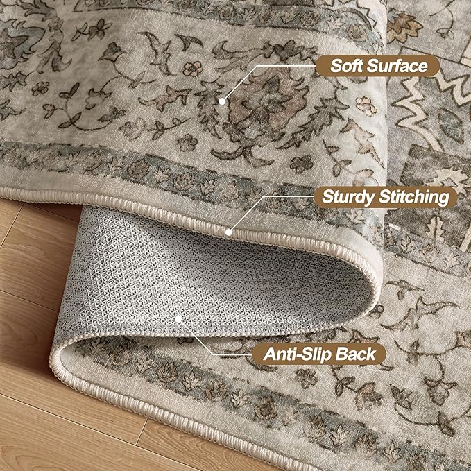 Tangsoo 8x10 Area Rugs for Living Room, 8x10 Washable Rug Vintage Indoor Non Slip Large Area Rugs, Print Distressed Brown/Grey Carpet, Soft Low Pile Foldable Floor for Bedroom Dining Room Dorm