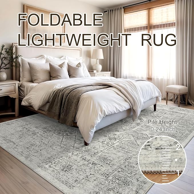 5x7 Area Rugs Grey Low Pile Indoor Washable Trendy Faded Style Floral Rugs - Image 7
