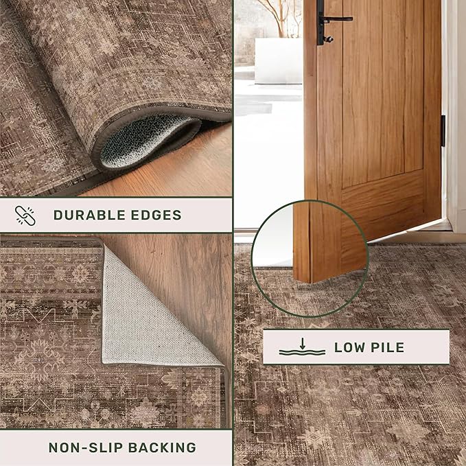 Boho Taupe Brown 3x5 Large Entryway Rug - Modern Vintage Traditional Eclectic Oriental Neutral, Washable Low Pile Non-Slip Area Rugs for Door Mat Indoor Entrance, Kitchen, Laundry