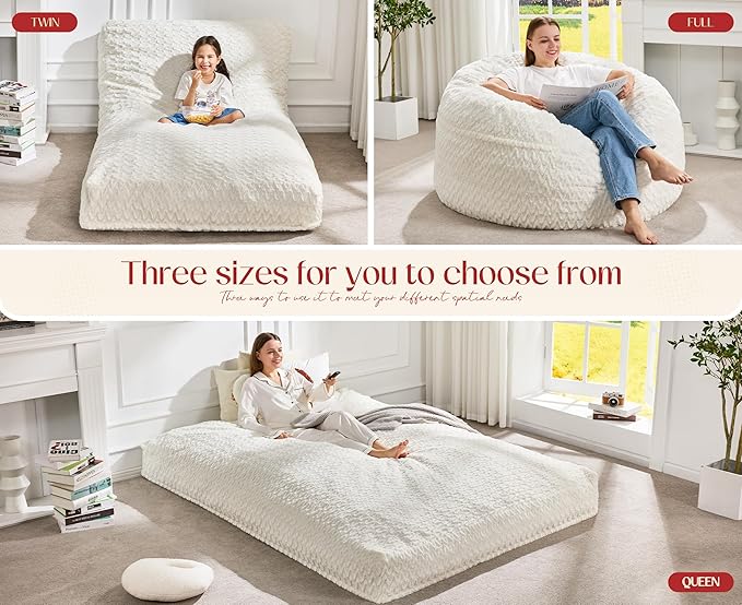 Hobestluk Bean Bag Chair Convertible Beanbag Chairs for Adults, 3 in 1 Bean Bags with Plush Chevron Cover, Adult Bean Bag Chair for Living Room, Bedroom (White, Full)