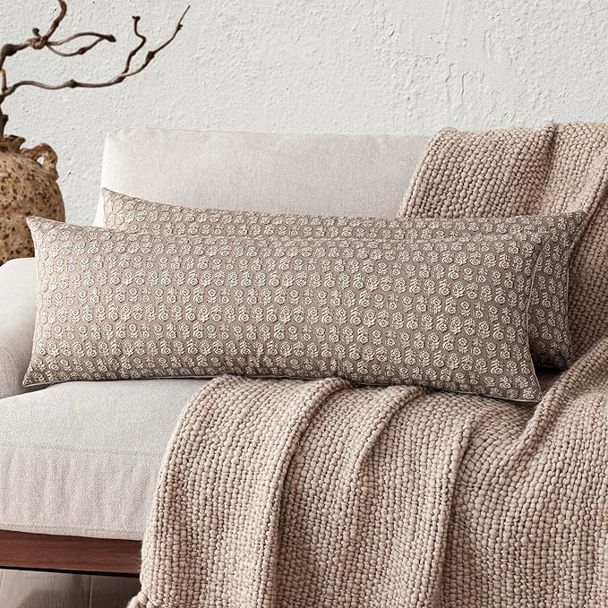 Foindtower Set of 2 Decorative Floral Body Lumbar Throw Pillow Covers Neutral Modern Farmhouse Cushion Covers Vintage Home Decor for Sofa Couch Chair Bedroom Living Room Outdoor,14×36 Inch,Tan Taupe