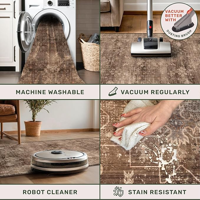 Brown Boho Washable 3x6 Large Kitchen Runner Rug, Indoor Entryway Home Office Floor Rug, Non-Slip Stain & Fade Resistant, Vintage Dark Neutral Floral Decor