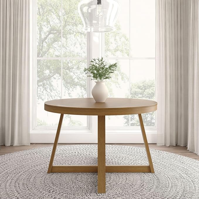 Plank+Beam Round Dining Table, 47 Inch Solid Wood Kitchen Table, Farmhouse Round Table for 4, Small Dinette Table, Pecan Wirebrush