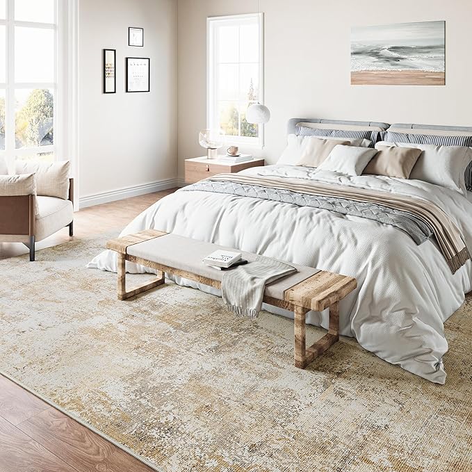 10x14 Washable Area Rug Gold Grey Neutral Abstract Living Room Bedroom Large Throw Rug Non Slip Soft Low Pile Indoor Floor Carpet for Dining Room Kitchen Office Entryway