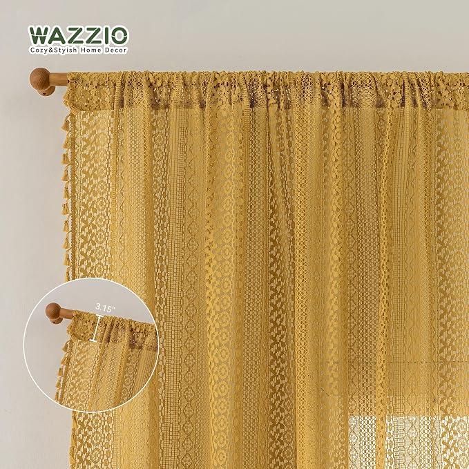 WAZZIO Boho Lace Curtains 108 Inches 2 Panel, Light Filtering Privacy Tassel & - Image 6