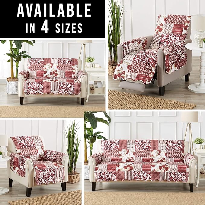 Great Bay Home Patchwork Scalloped Printed Furniture Protector Stain Resistant Loveseat Cover (Loveseat, Burgundy)
