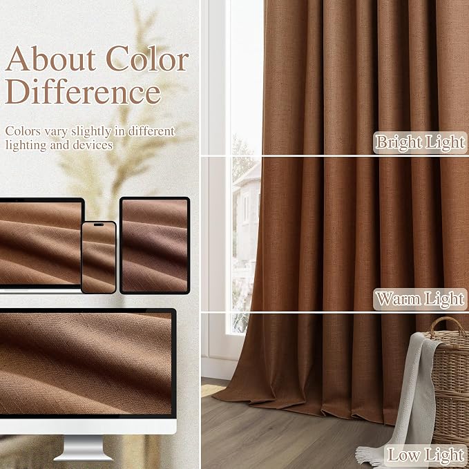 Guken Caramel Brown 100% Blackout Linen Curtains 102 Inch Length 2 Panels Set - Image 7