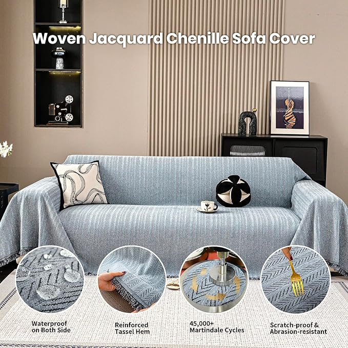 Nobildonna Sofa Cover Washable Soft Thicken Chenille Couch Cover with Tassel,Waterproof Sofa Slipcovers for 2 Cushion Couch,Loveseat,Futon Couch Furniture Protector Pet-Friendly,Dusty Blue 71"x102"