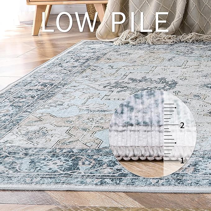 GENIMO Runner Rug 2'6''x10, Non Slip Vintage Hallway Runner Rugs, Low Pile Lightweight Machine Washable Mat for Hallway, Entryway, Bedroom, Kitchen and Corridor, Blue