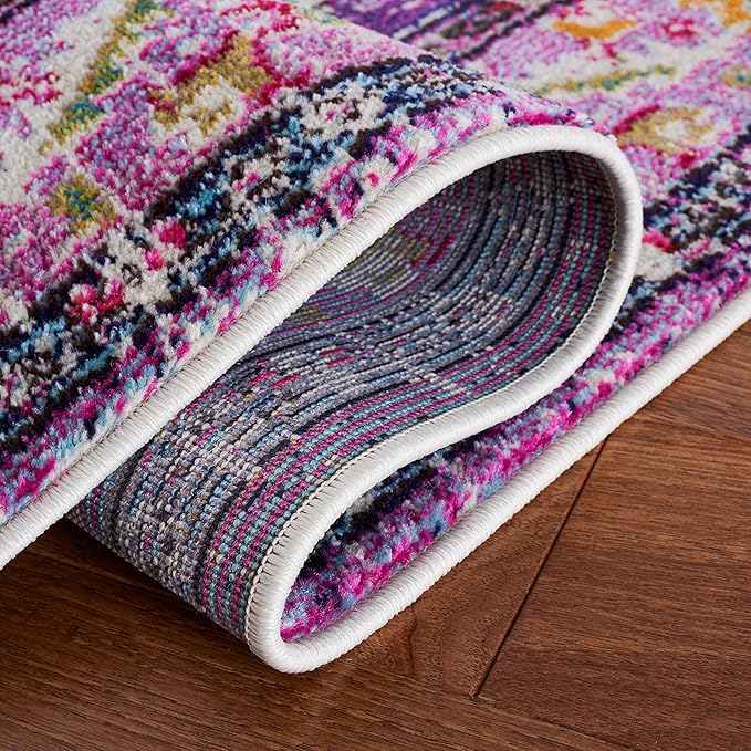 SAFAVIEH Monaco Collection Area Rug - 6'7" Square, Violet & Fuchsia, Boho Chic Medallion Distressed Design, Non-Shedding & Easy Care, Ideal for High Traffic Areas in Living Room, Bedroom (MNC243P)