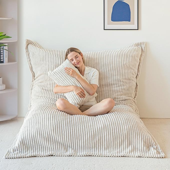 MAXYOYO Giant Bean Bag Chair with Pillow, 3 in 1 Convertible Bean Bag Chair for Adults with Washable Cover, Removable Floor Cushion Stuffed Floor Lounger for Living Room Bedroom, White, Full