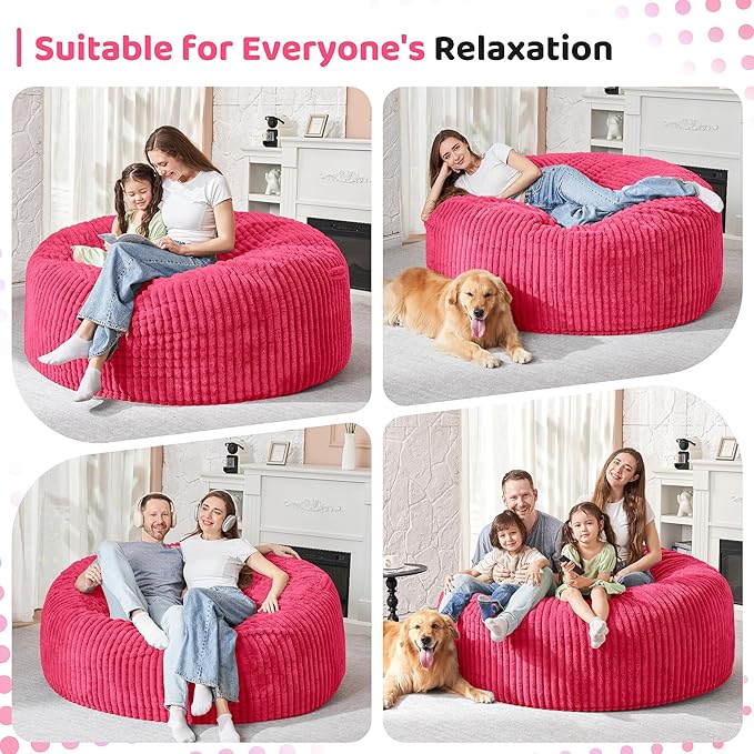 HABUTWAY 5FT Bean Bag Chair, 5' Large Bean Bag Chairs for Adults with Removable Stripe Plush Cover, Memory Foam Beanbag Chair for Living Room Bedroom Dorm (Pink)